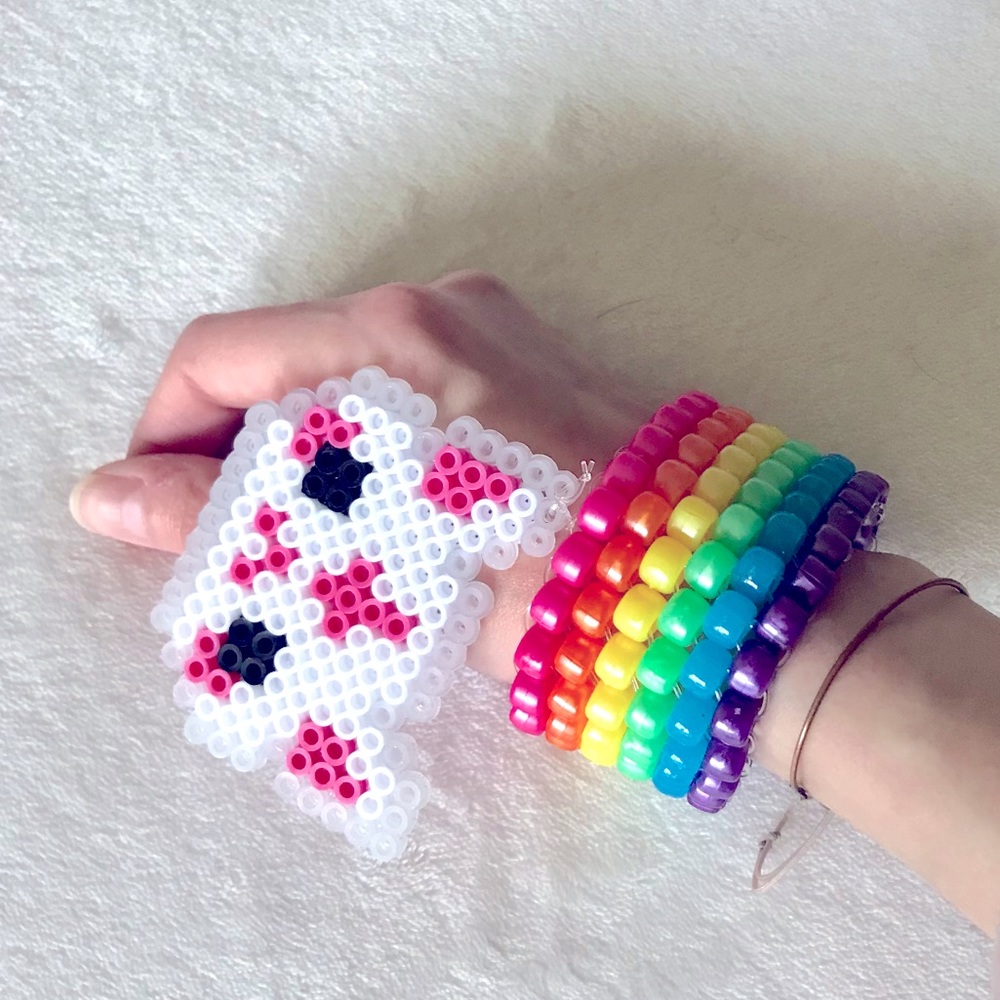 Goth Kitty beaded rainbow cuff bracelet